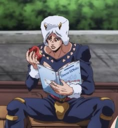 an anime character sitting down reading a book