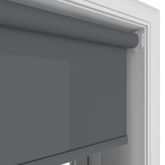 a close up view of the side of a window with roller shades in grey and white