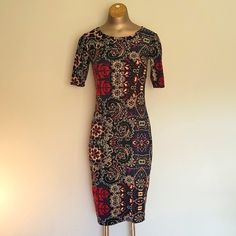 New Without Tags Condition Perfect No Flaw Condition Absolutely Stunning And Sexy Julia Bodycon Lularoe Dress Spanish Styling Fabric Pattern Ornate Cream, Navy Blue, Red, Tile Work And Baroque Leafing Andalusia Patterning 92 Polyester 8 Spandex Machine Wash Cold Rn 142161 Patterned Fitted Midi Dress With Short Sleeves, Fitted Patterned Short Sleeve Midi Dress, Fitted Patterned Midi Dress With Short Sleeves, Spanish Dress, Tile Work, Andalusia, Fabric Pattern, Lularoe Dresses, Fabric Patterns