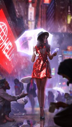 a woman in a short red dress holding an umbrella and looking at her cell phone