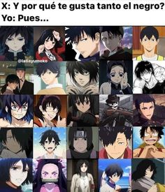 many different anime characters with caption in spanish, english and japanese words on them