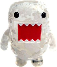 a white and red stuffed animal with big teeth on it's face is standing in front of a white background