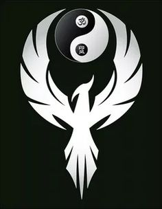 the yin symbol with two white birds on it, in front of a black background