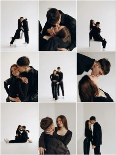 a man and woman are posing together in different poses, with one kissing the other