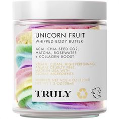 The famous-on-TikTok body butter that makes moisturizing extra decadent. Unicorn Fruit Whipped Body Butter is a luscious, candy-scented swirl of acai, vegan collagen, matcha and shea butter to deeply hydrate, soothe, and plump skin all over. Used daily, this whipped body moisturizer softens and firms the skin while reducing the appearance of fine lines. Unicorn Fruit Body Butter, Unicorn Whipped Body Butter, Truly Beauty Unicorn Fruit, Truly Beauty Body Butter, Truly Body Butter, Truly Unicorn Fruit, Truly Products, Unicorn Body Butter, Ulta Beauty Products