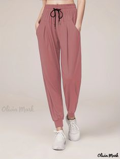 Olivia Mark - Solid Quick Dry Drawstring Jogger Pants, Loose Breathable Yoga Fitness Exercise Training Trouse, Women's Sweatpants Stretch Solid Color Harem Pants For Leisure, Stretch Harem Pants For Leisure, Solid Stretch Harem Pants For Leisure, Stretch Pink Pants With Drawstring, Pink Stretch Pants With Drawstring, Stretch Sporty Harem Pants, Stretch Yoga Pants For Leisure, Pink Stretch Pants For Leisure, Pink Stretch Leisure Pants