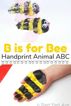 a child's hand painted with yellow and black paint is shown next to an image of a bee