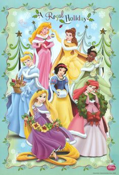 the disney princesses are all dressed up in their christmas costumes for this holiday card