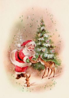 an old fashioned christmas card with santa claus and reindeers by a small fir tree