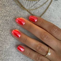 Crazy Nail Shapes, Cute Red Gel Nails, Coral Red Nails With Design, Short Nail Designs Cat Eye, Fall Nail Designs Sparkle, Pink Red And Orange Nails, Almond Nail Chrome, Simple Red Nail Art, Natural Pink Nails With Design