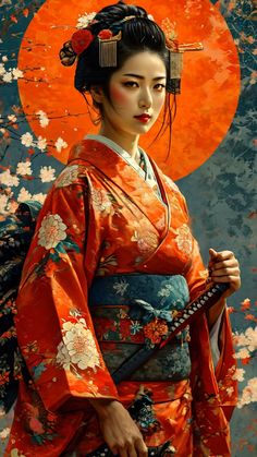 Geisha Artwork Japanese Art, Samurai Female, Beautiful Flower Drawings, Japanese Art Prints, Traditional Japanese Art