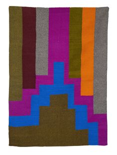 a multicolored rug with squares and lines on the bottom in various shades of purple, green, orange, brown