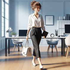 a woman walking across a wooden floor holding a purse and a book in her hand