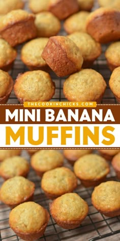 mini banana muffins on a cooling rack with text overlay that reads, the cookin's corner