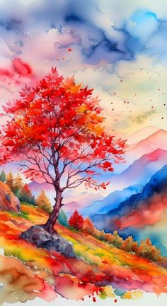 a painting of a tree on top of a hill