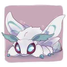 a drawing of a white pokemon with blue eyes and wings on it's head