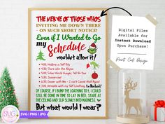 a christmas poster with an elf's list on it next to a small tree