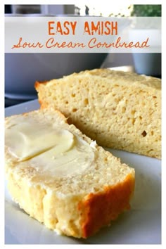 an easy amish sour cream cornbread on a white plate