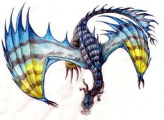 a drawing of a blue dragon with yellow stripes on it's wings and tail