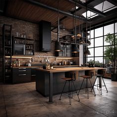 an industrial style kitchen with bar stools