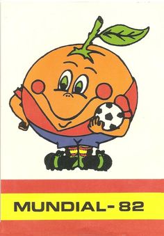 an orange holding a soccer ball on top of it's back cover with the words mundial - 82