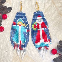 DETAILS:  - Original design  - Complimentary gift wrap - Technique: Handwoven - Color: Blue, red, turquoise, white - Material: Japanese Miyuki glass seed beads - Ear wire: Leverback - Allow for 3-5 business days for completion of your unique earrings plus shipping time Follow me on Facebook and Instagram to see my latest designs! @littleredkerchief Handmade Multicolor Christmas Earrings, Handmade Red Jewelry For New Year, Bohemian Christmas Earrings For Festive Occasions, Handmade Multicolor Earrings For Holiday, Festive Handmade Blue Beaded Earrings, Handmade Multicolor Holiday Earrings, Holiday Multicolor Handmade Earrings, Bohemian Christmas Earrings, Blue Christmas Jewelry For The Holidays