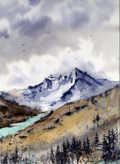 watercolor painting of mountains and trees with birds flying in the sky over them on a cloudy day