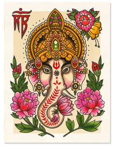 an elephant with flowers on it's head in front of the word ganesh