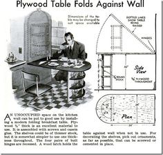 an advertisement for plywood table folds against wall, with a man sitting at a desk