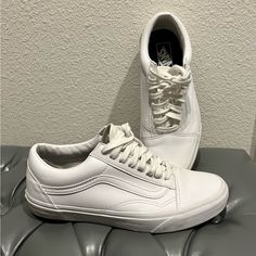 White Leather Vans In New Condition, Never Used, Wrong Size For Me, Size 9 Vans Leather Sneakers With White Sole, Mens White Vans, Vans Shoes White, White Leather Vans, Vans Authentic White, White Slip-on Vans Skate Shoes, Leather Vans, Vans Men, Van Color