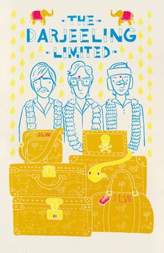 the drawing shows three people standing next to suitcases, one is yellow and the other is blue