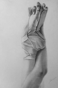 a pencil drawing of a person's foot with one hand on the other side