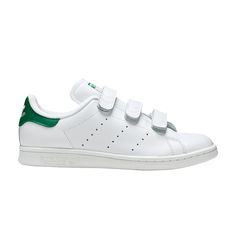 Find ADIDAS Stan Smith Cf ' Green on Editorialist. The Stan Smith CF applies a comprehensive revision to the silhouette while maintaining its basic design DNA. The shoe swaps out the laces for a trio of adjustable Velcro straps, built with the same white leather that forms the minimalist upper. It’s presented here in the OG white colorway, with contrasting green on the tongue and heel tab. Adidas Functional Sneakers With Rubber Sole, Functional Adidas Sneakers With Rubber Sole, Adidas White Sneakers With Elastic Laces, Adidas Sneakers With Elastic Laces And White Sole, Adidas Low-top Functional Sneakers, Basic Design, Velcro Straps, Mens Shoes Sneakers, White Leather