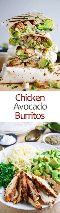 chicken avocado burritos stacked on top of each other