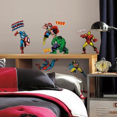 the avengers wall decals are on display in this bedroom