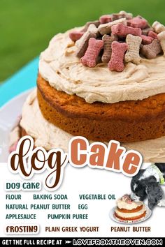 an advertisement for a dog cake with frosting and toppings on the front cover