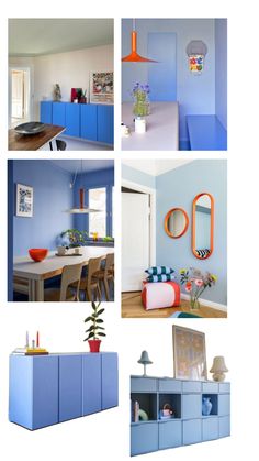 four different rooms with blue walls, furniture and decor in them including a dining table