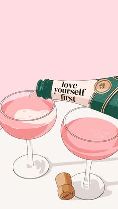 two glasses filled with pink champagne next to a bottle of love yourself first wine and corkscrews