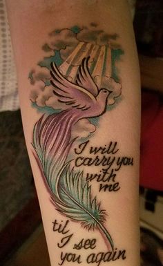 a woman's arm with a tattoo saying i will carry you with me