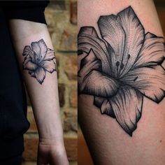 two tattoos with flowers on their arms and one has a flower tattoo on the arm