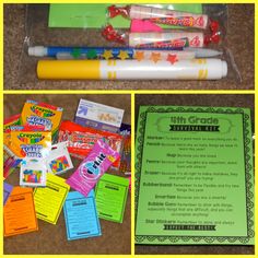 an assortment of school supplies including candy, pens and markers