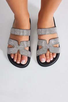 Available In Silver. Flat Sandals Round Toe Rhinestone Detail Imported | Show Me Around Flat Sandals in Silver size 6 by Fashion Nova Glamorous Synthetic Sandals With Rhinestones, Synthetic Open Toe Sandals With Bling, Synthetic Bling Open Toe Sandals, Summer Sandals With Bling And Synthetic Material, Summer Bling Sandals In Synthetic Material, Summer Synthetic Sandals With Bling, Sparkling Flat Sandals For Summer, Silver Bedazzled Flat Sandals, Bling Open Toe Sandals For Beach