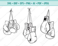 three boxing gloves hanging from the ropes, one in black and white with text that reads sv