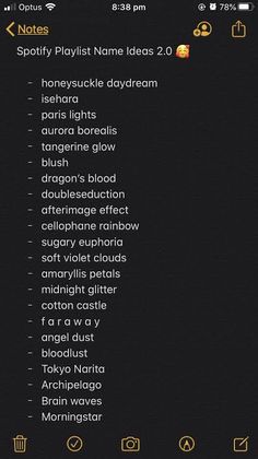 an iphone screenshot with the text'spotly playlist name ideas 2 0 '