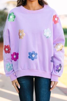 This adorable sweatshirt is just my type! It's cute! It's fun! But most importantly, it's comfy! This sequin floral sweatshirt is absolutely perfect for spring! Wide round neckline Long bubble sleeves Colorful floral sequin patches Generous stretch Sydney is wearing the small. Sequin Flowers, Just My Type, Floral Sweatshirt, Sequin Patch, My Type, Mint Julep Boutique, Fall Clothes, Cute Sweatshirts, Lavender Purple