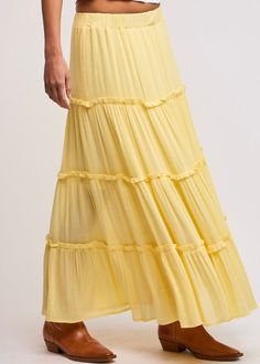 Solid yellow ruffle tiered maxi skirt with elastic waist 100% Poly Size and Fit: Fits true to size Yellow Maxi Skirt, Yellow Maxi Skirts, Yellow Maxi, Tiered Maxi Skirt, Yellow Skirt, Long Sleeve Outerwear, Crop Top Sweatshirt, Skirt Long, Ruffle Skirt