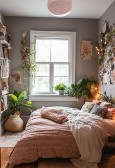 a bed sitting under a window next to a book shelf filled with lots of books