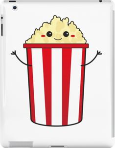 a red and white striped bucket with popcorn on it's face, arms and legs