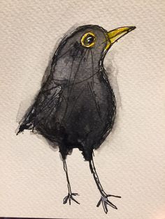 a drawing of a black bird with yellow eyes