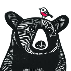 a black and white drawing of a bear with a bird on it's head